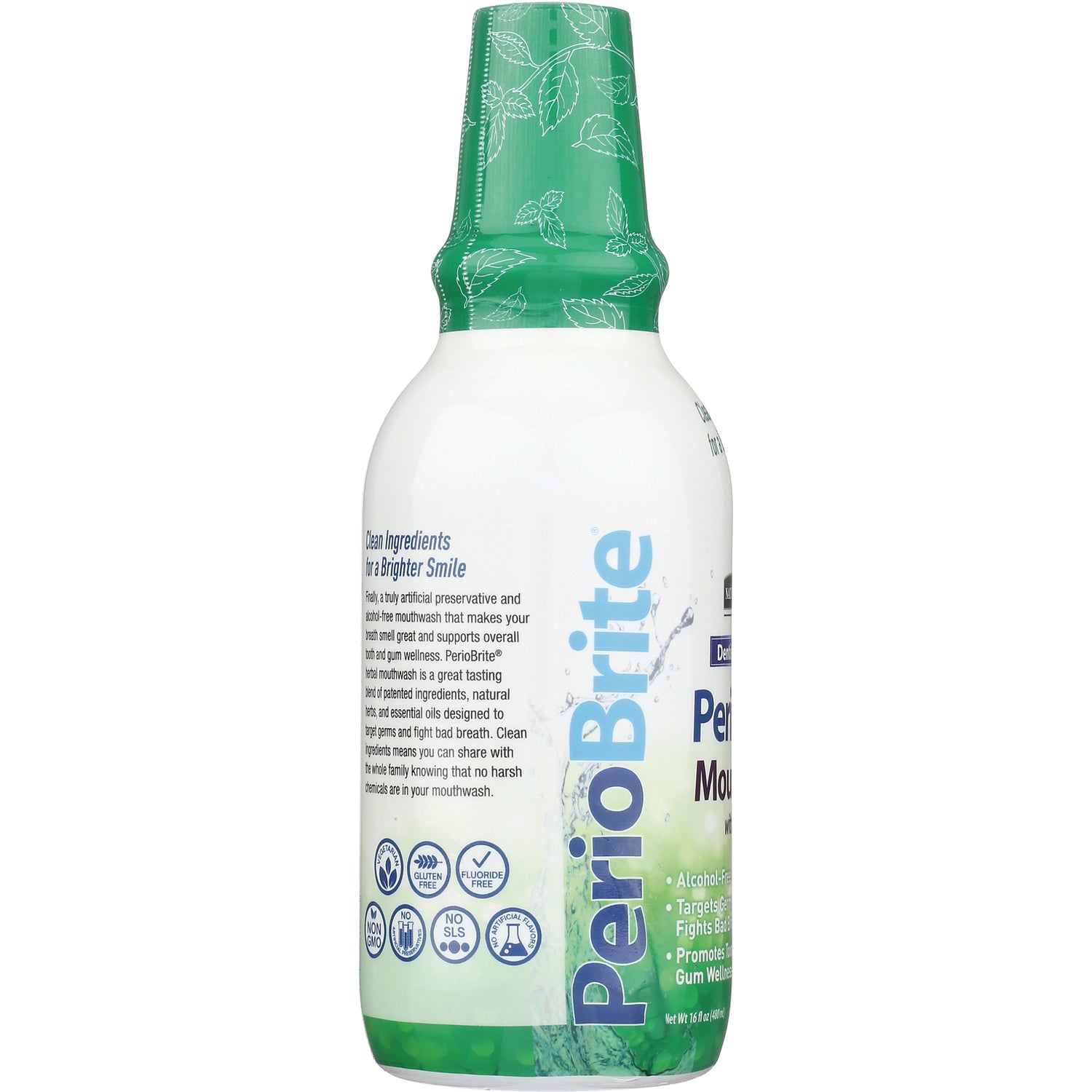 NAT080 | PerioBrite mouthwash bottle with green cap, product features text and icons