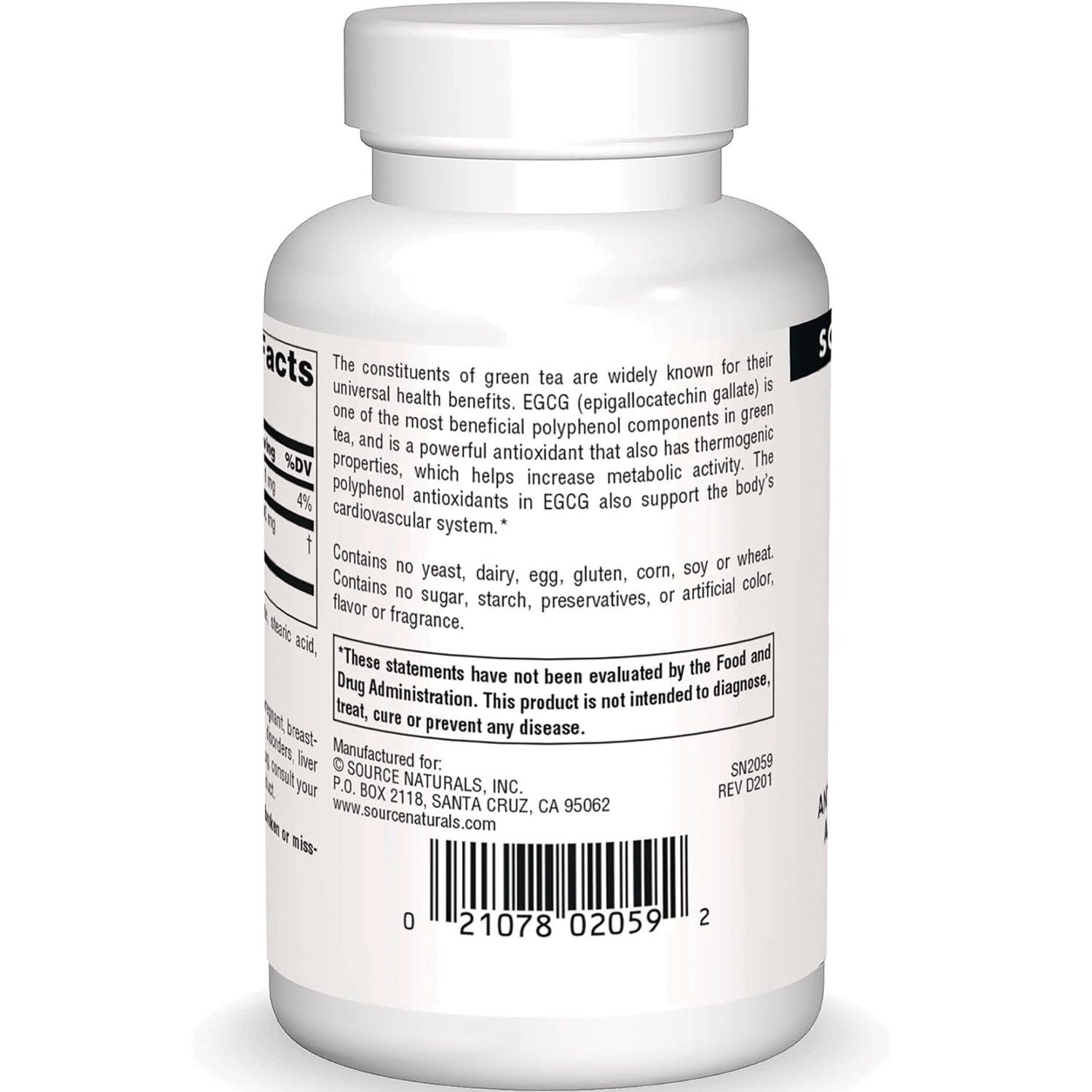 SN812 | Supplement bottle back label with EGCG green tea text, allergen-free statement, and barcode