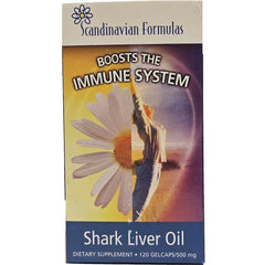 SCD005 | Scandinavian Formulas Shark Liver Oil box labeled Boosts the Immune System, 120 gelcaps 500 mg