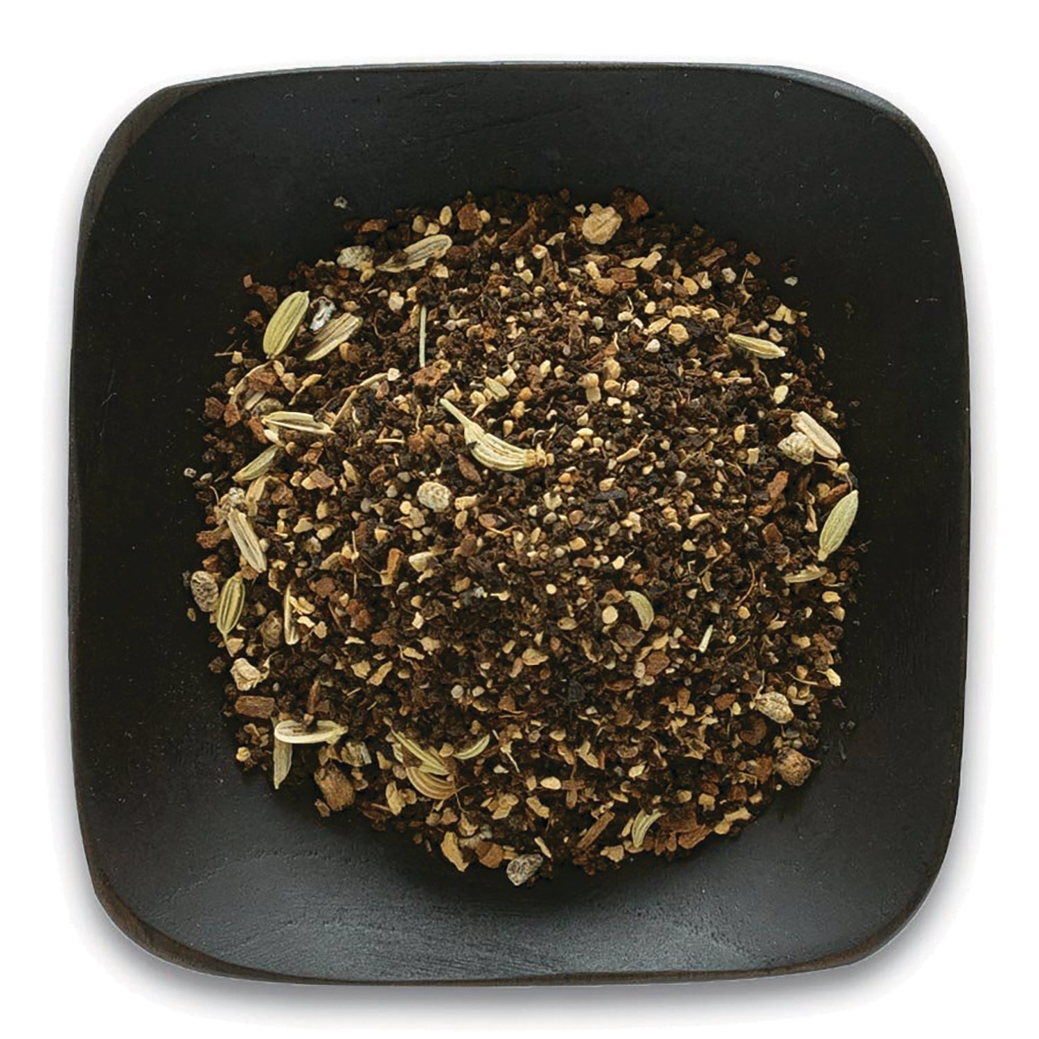FNP029 | black square bowl with a mound of coarse brown spice blend and visible fennel seeds on white background