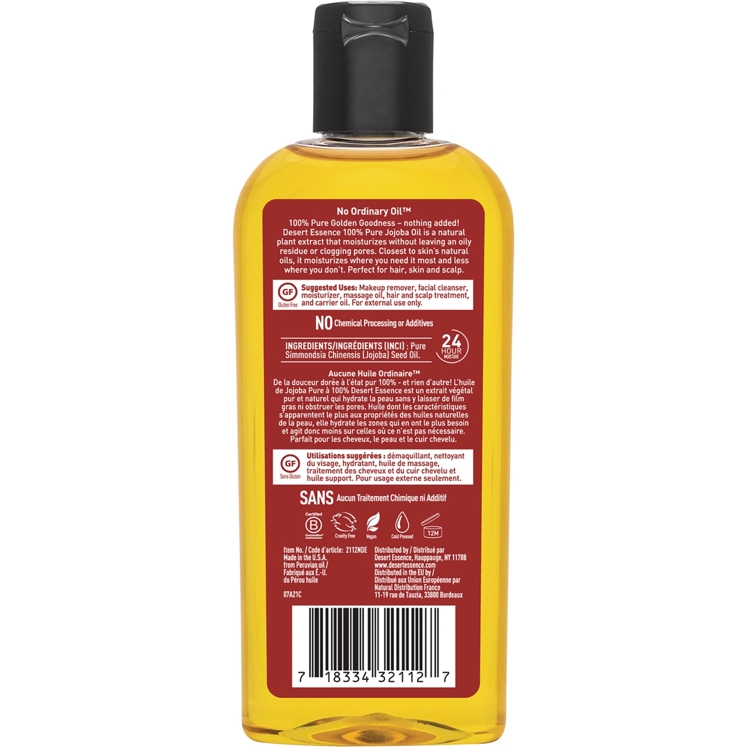 DST150 | back of clear bottle showing red ingredients label, usage directions and barcode