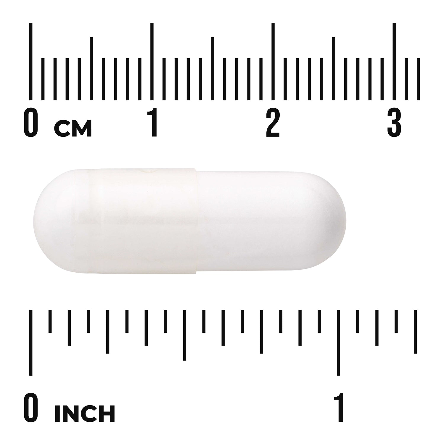 SWU118 | White capsule with size shown against centimeter and inch rulers
