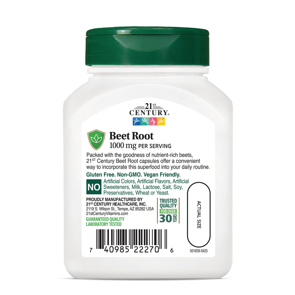 CNT294 | Beet Root 1000 mg per serving supplement label showing 21st Century branding, gluten free Non-GMO vegan friendly, barcode - Thumbnail