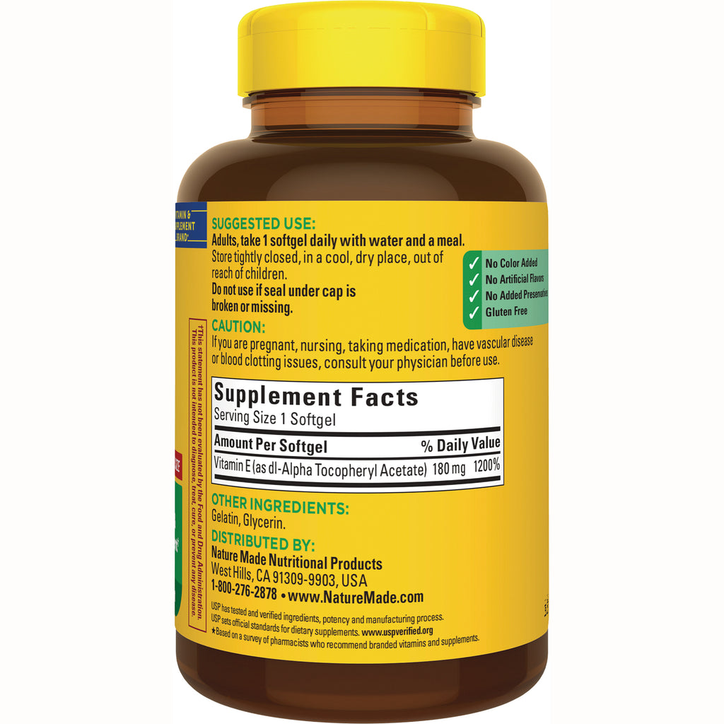 NTM179 | Back of yellow supplement bottle label showing Supplement Facts, suggested use, and Vitamin E 180 mg - Thumbnail
