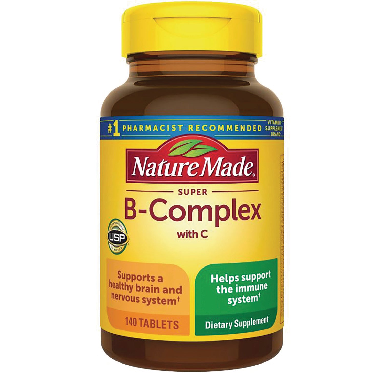 NTM059 | Nature Made Super B-Complex with C dietary supplement bottle, 140 tablets, yellow label