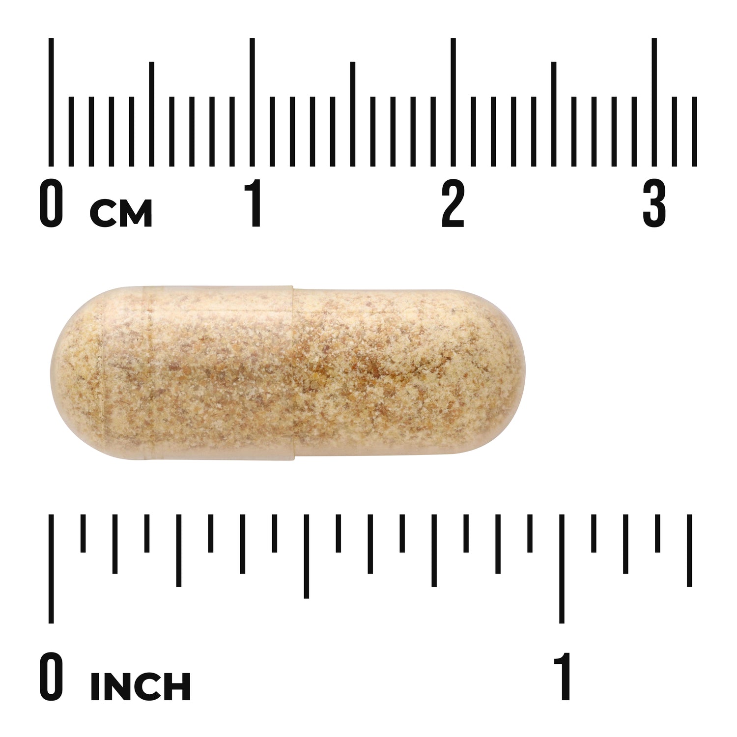 SW1335 | Clear capsule filled with beige granules on ruler showing size in cm and inch