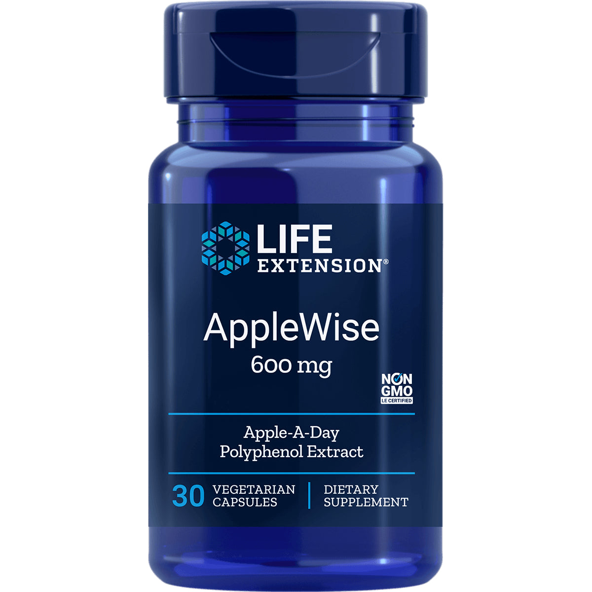 LE489 | Life Extension AppleWise 600 mg bottle showing front label, 30 vegetarian capsules