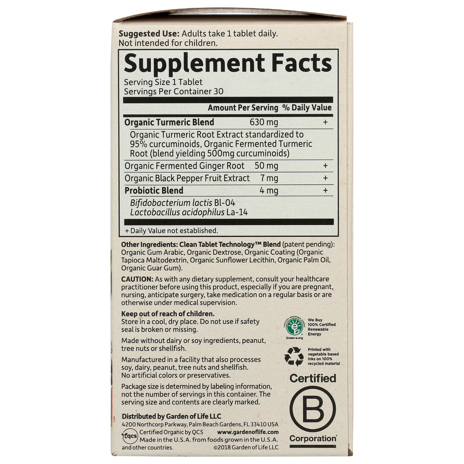 GLF256 | back panel showing Supplement Facts, serving size 1 tablet, ingredient list and caution text on supplement box
