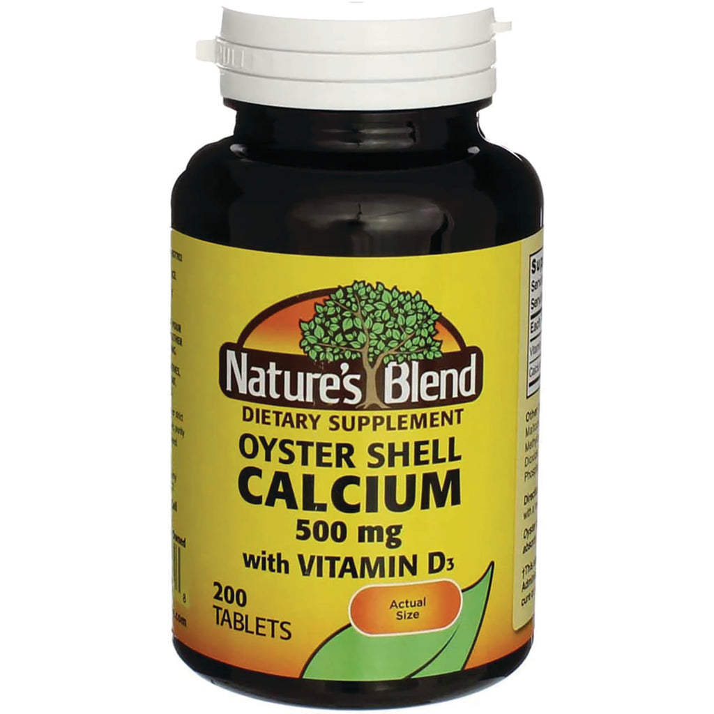 NAB040 | Nature's Blend Oyster Shell Calcium 500 mg 200 tablets bottle with yellow label - Thumbnail