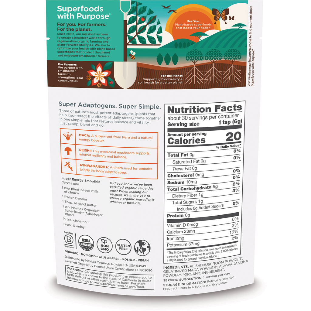 NAV070 | Back of supplement pouch showing Nutrition Facts panel and superfood adaptogens description - Thumbnail