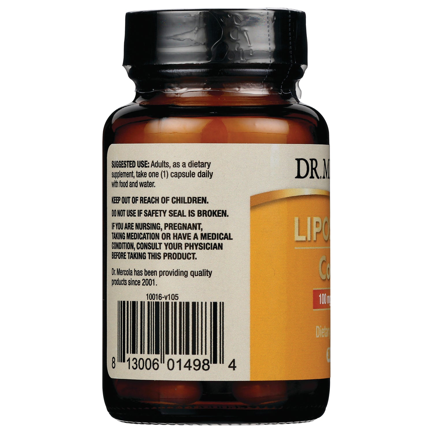 MRC109 | Back label showing suggested use, safety warnings and barcode on amber supplement bottle
