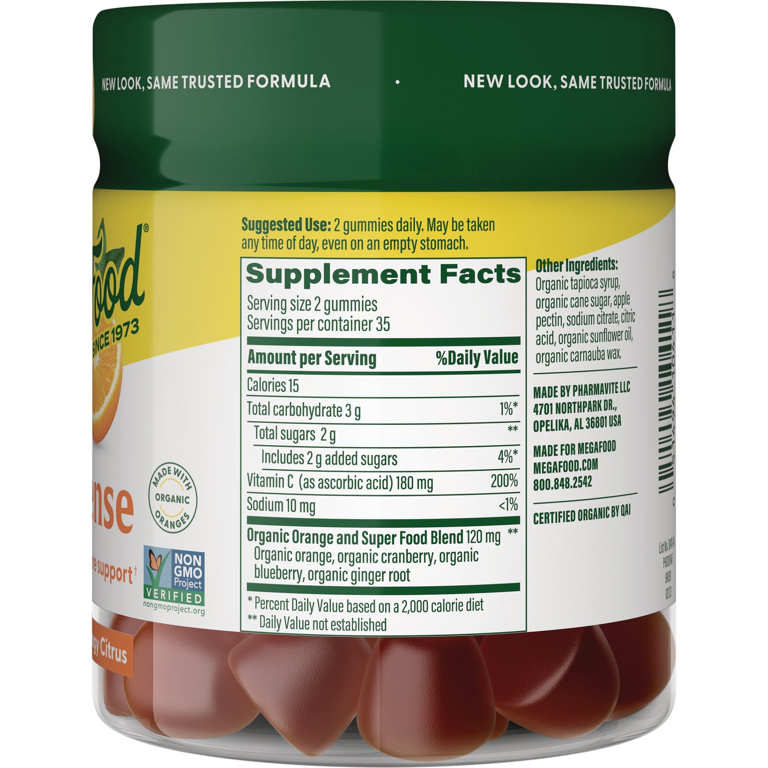 MGF101 | Back of gummy bottle showing Supplement Facts panel, serving size, ingredients, and barcode