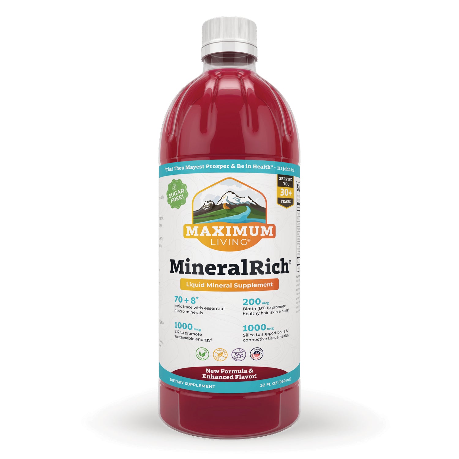 MK001 | Front view of Maximum Living MineralRich liquid mineral supplement bottle 32 fl oz with red liquid