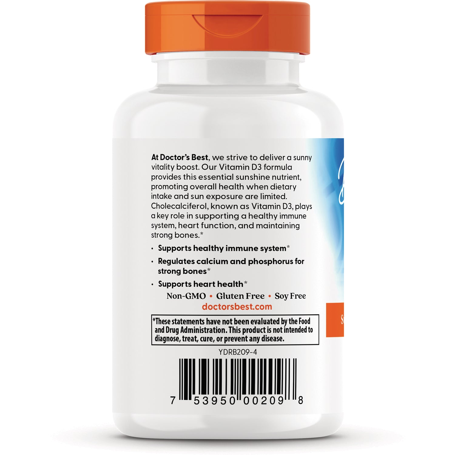 DB149 | back label of Doctor's Best vitamin D3 bottle showing product benefits, Non-GMO Gluten Free Soy Free claims, disclaimer and barcode