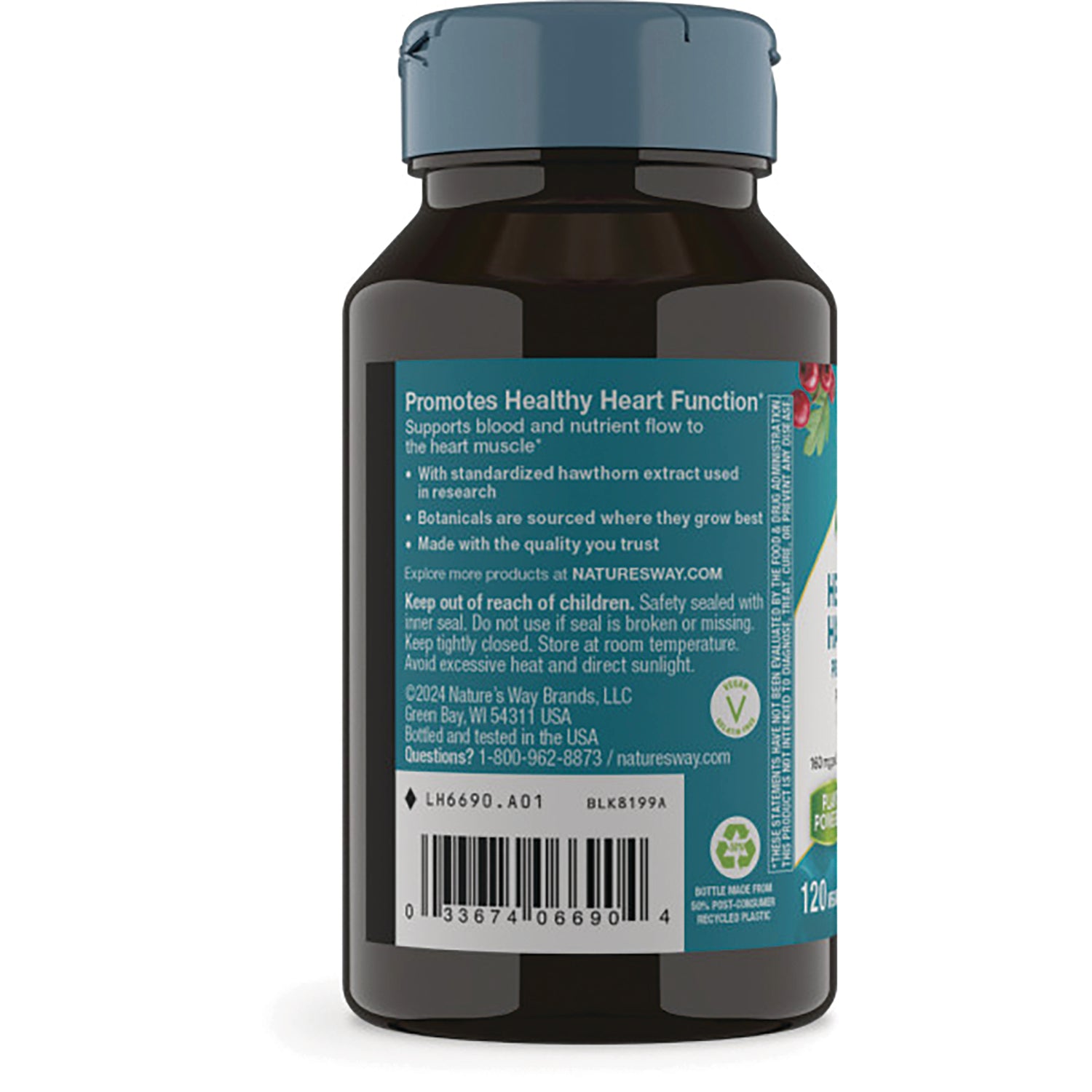 NW862 | Back label of brown supplement bottle showing Promotes Healthy Heart Function heading, ingredient text and barcode