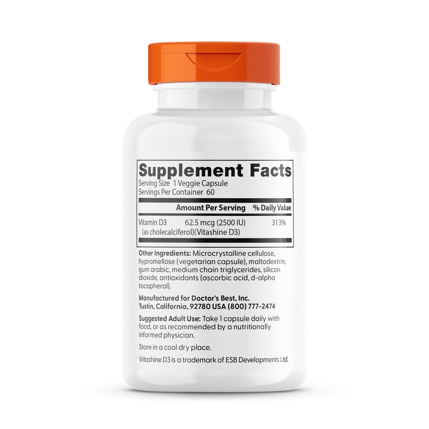 DB232 | back label of white supplement bottle showing Supplement Facts, Vitamin D3 62.5 mcg (2500 IU) and ingredients
