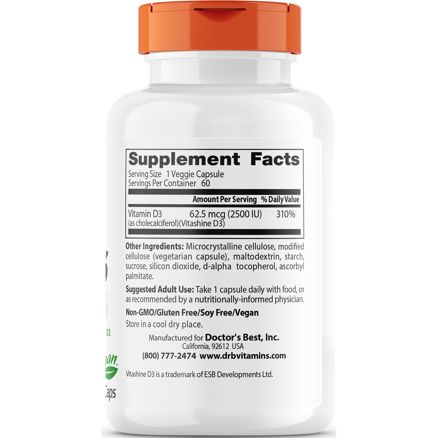 DB232 | back label of white supplement bottle showing Supplement Facts, Vitamin D3 62.5 mcg (2500 IU) and ingredients