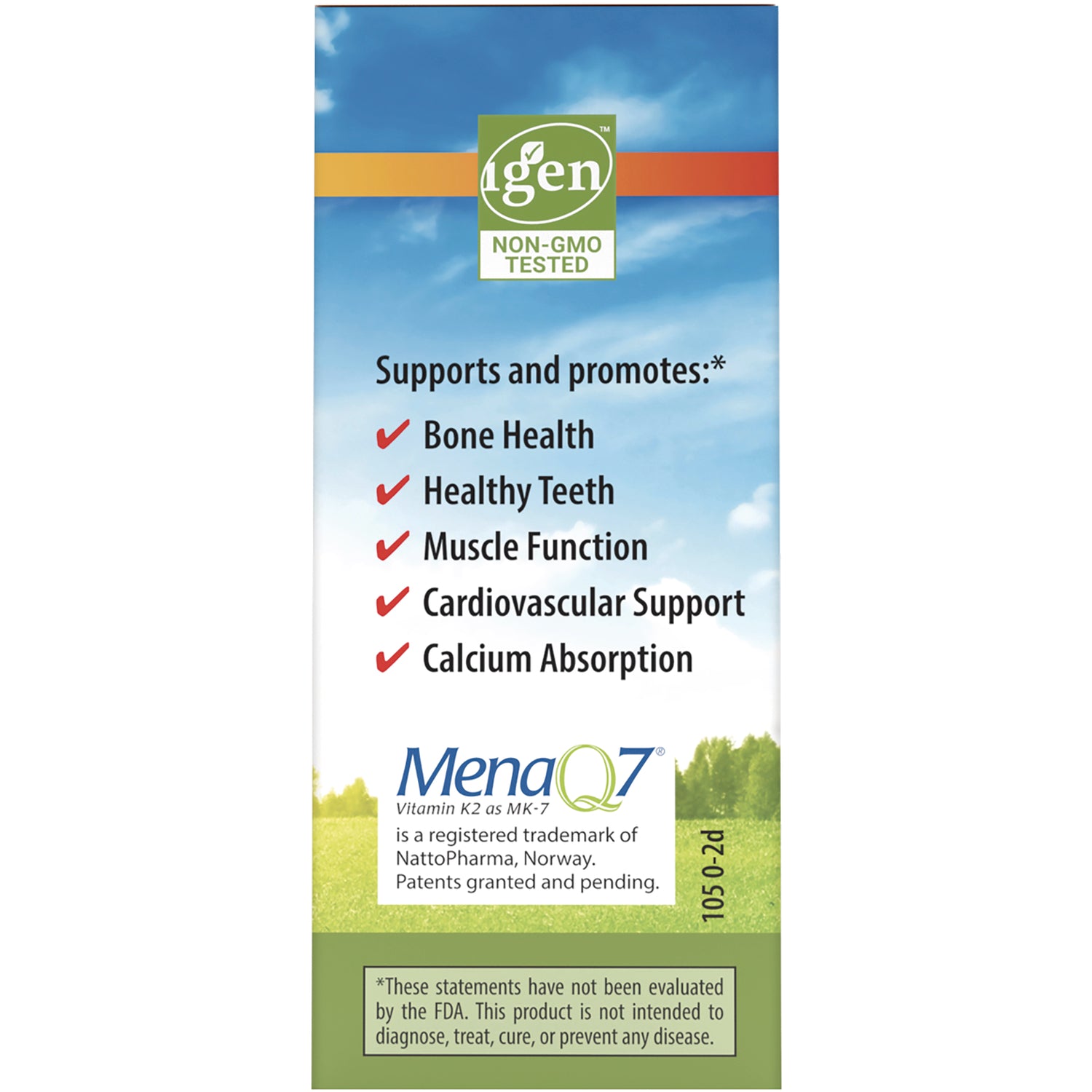 CSN264 | Back panel showing Non-GMO Tested logo and list of benefits: bone health, healthy teeth, muscle function, cardiovascular support, calcium absorption