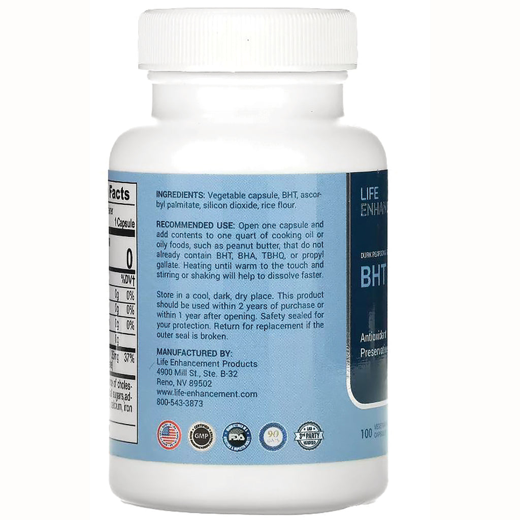 LEN020 | Back of white supplement bottle with blue label showing ingredients, recommended use, manufacturer details and certification icons - Thumbnail