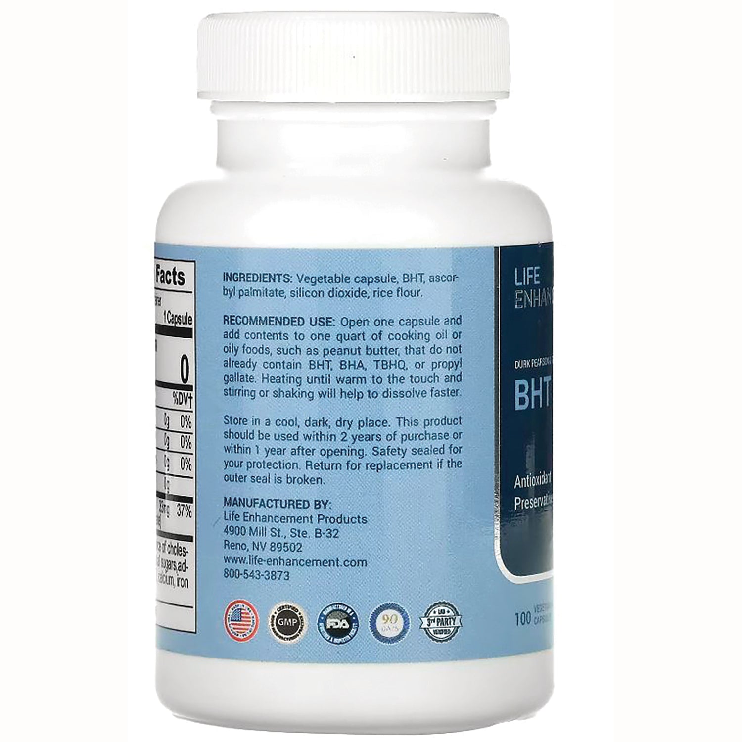 LEN020 | Back of white supplement bottle with blue label showing ingredients, recommended use, manufacturer details and certification icons