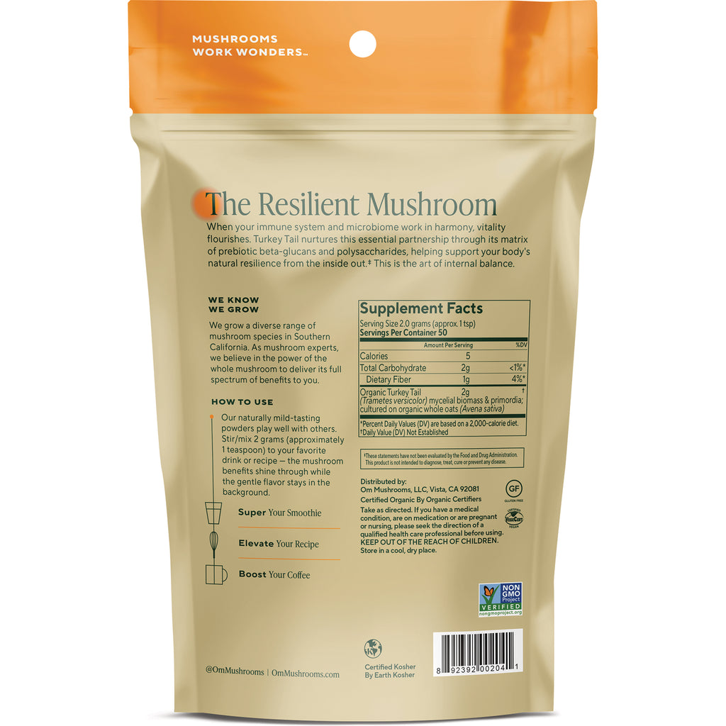 MMX011 | back of white pouch showing Turkey Tail branding, Supplement Facts panel and usage instructions - Thumbnail