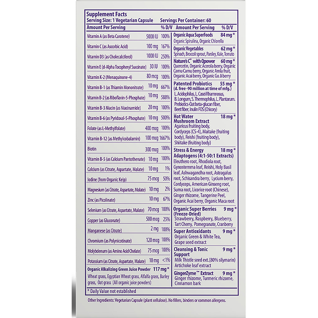 Supplement facts panel and ingredient list on the back of a white supplement bottle label - Thumbnail