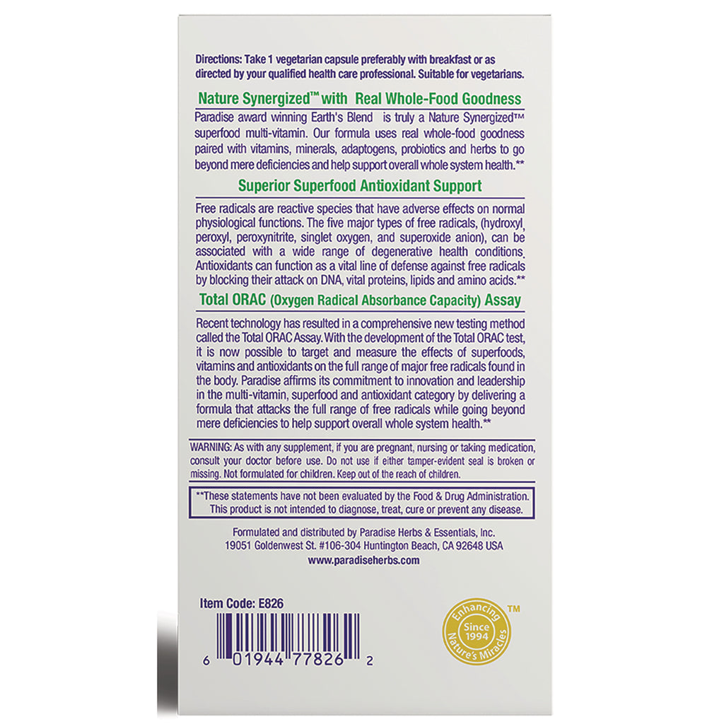 Back panel of Paradise Herbs supplement box with antioxidant claims, directions, warnings, and barcode - Thumbnail