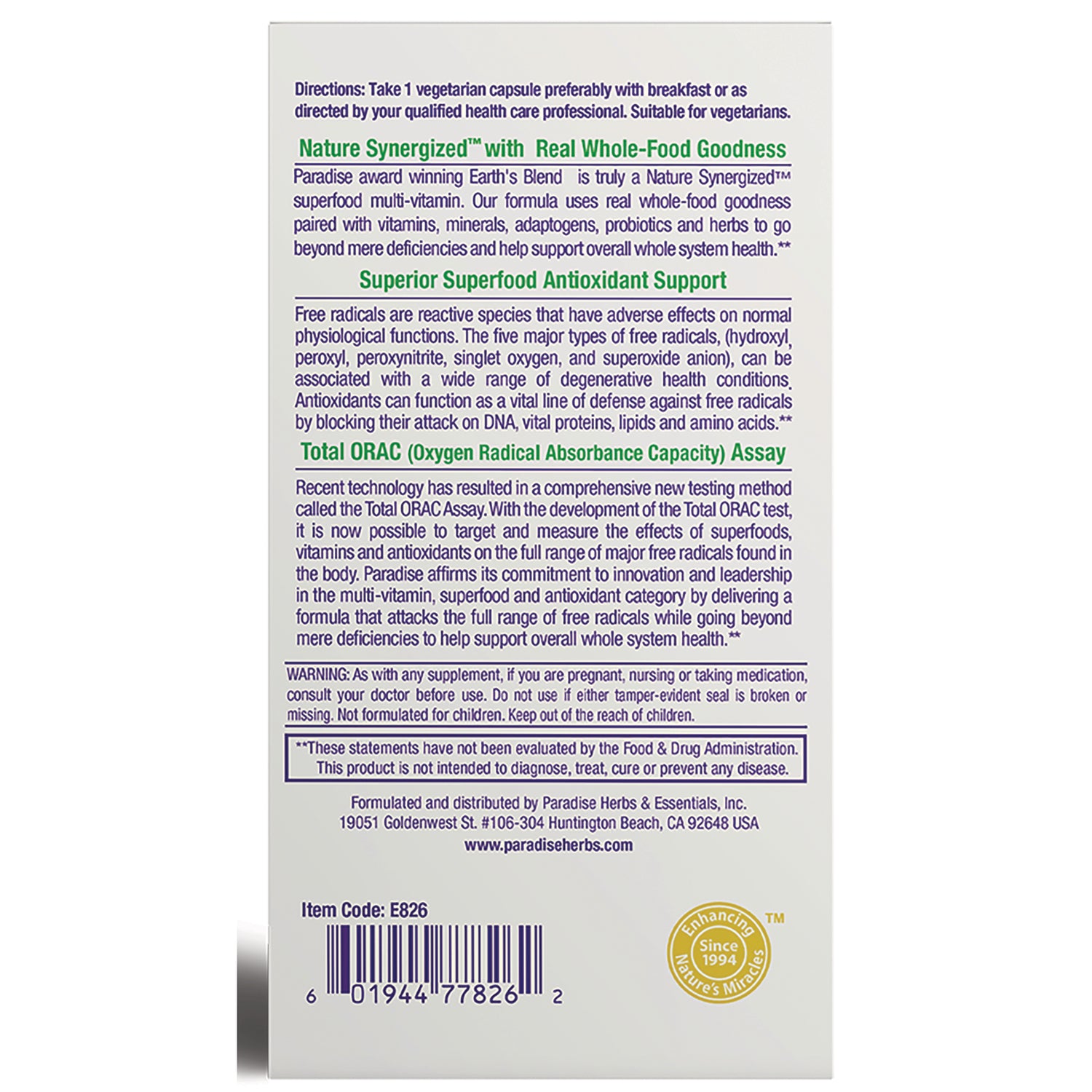 Back panel of Paradise Herbs supplement box with antioxidant claims, directions, warnings, and barcode