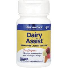 EMD056 | White bottle labeled Enzymedica Dairy Assist dietary supplement, 30 capsules, breaks down lactose & protein