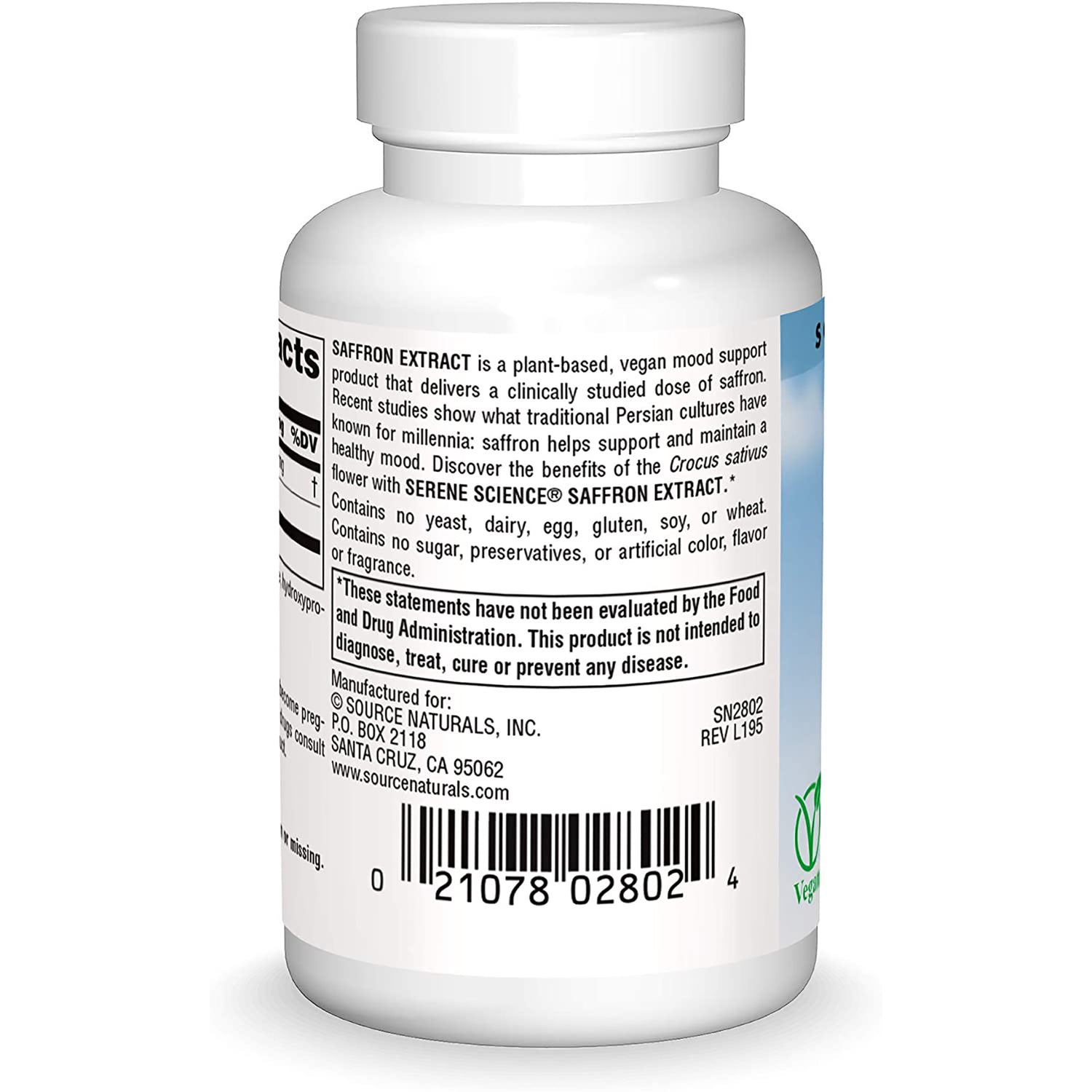 SN960 | Saffron Extract supplement bottle back label with product details, FDA disclaimer, and barcode
