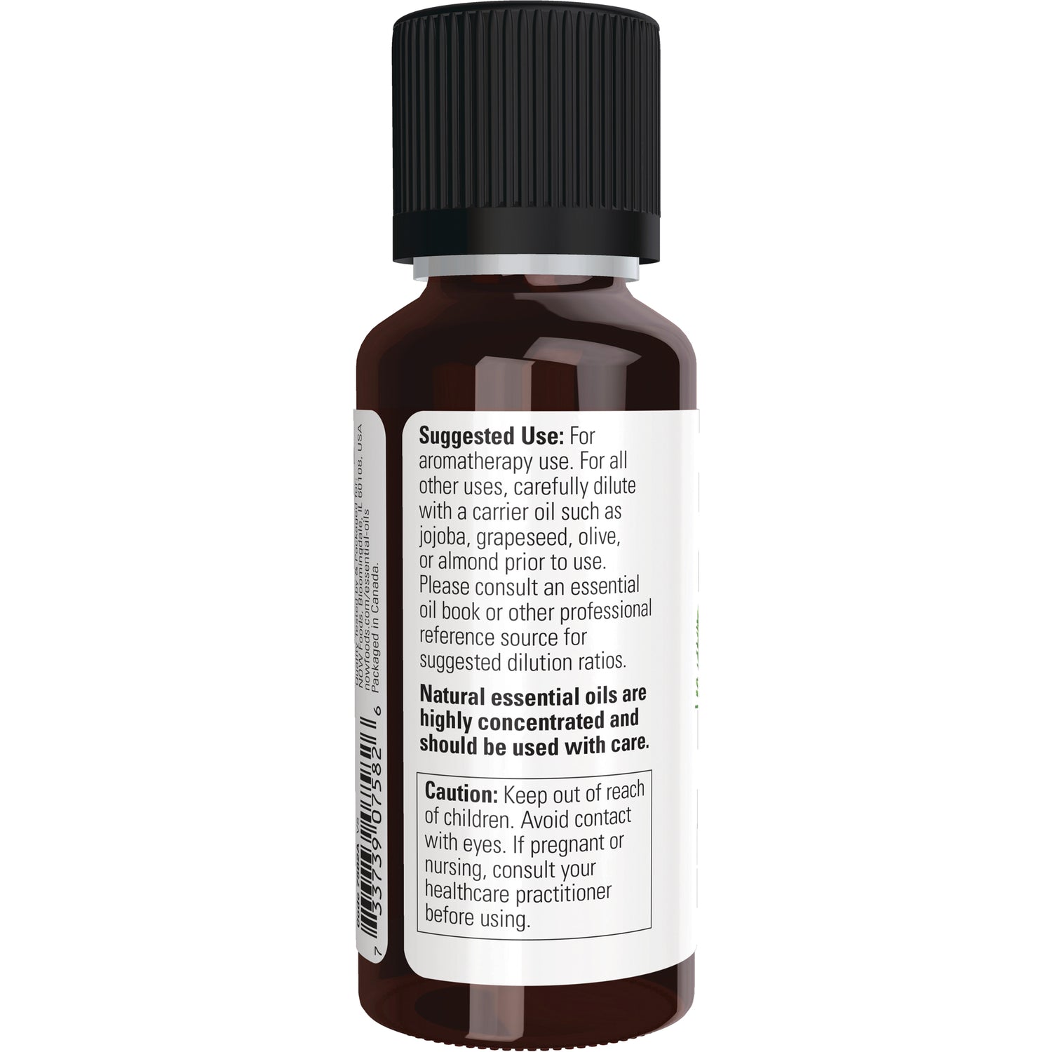 NWF1125 | Back label of amber essential oil bottle showing suggested use and caution text
