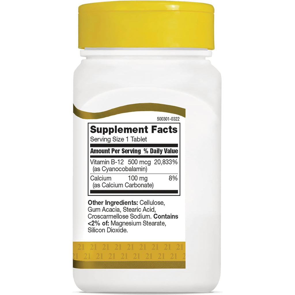 CNT167 | Back of white supplement bottle showing Supplement Facts panel with Vitamin B-12 500 mcg and Calcium 100 mg - Thumbnail
