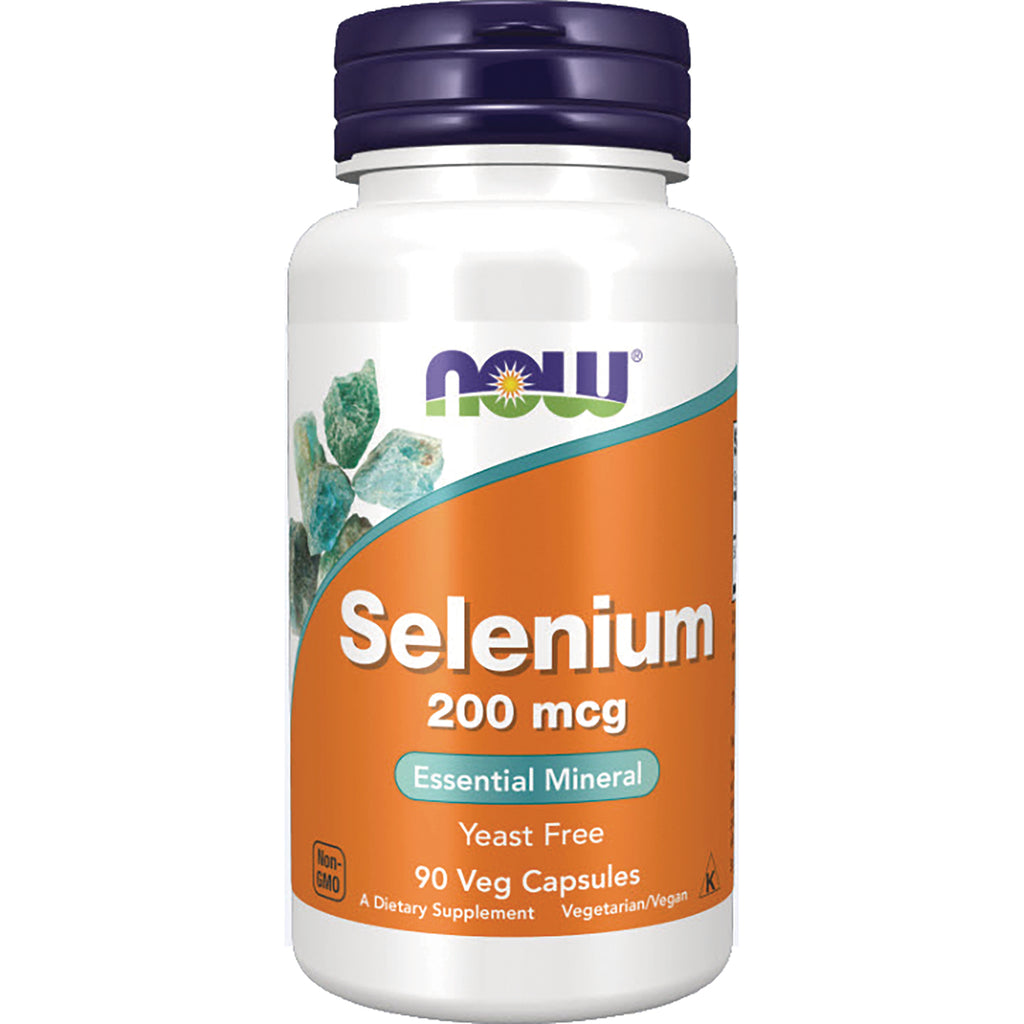 NWF091 | NOW Selenium 200 mcg supplement bottle with orange label, 90 Veg Capsules, yeast free - Thumbnail