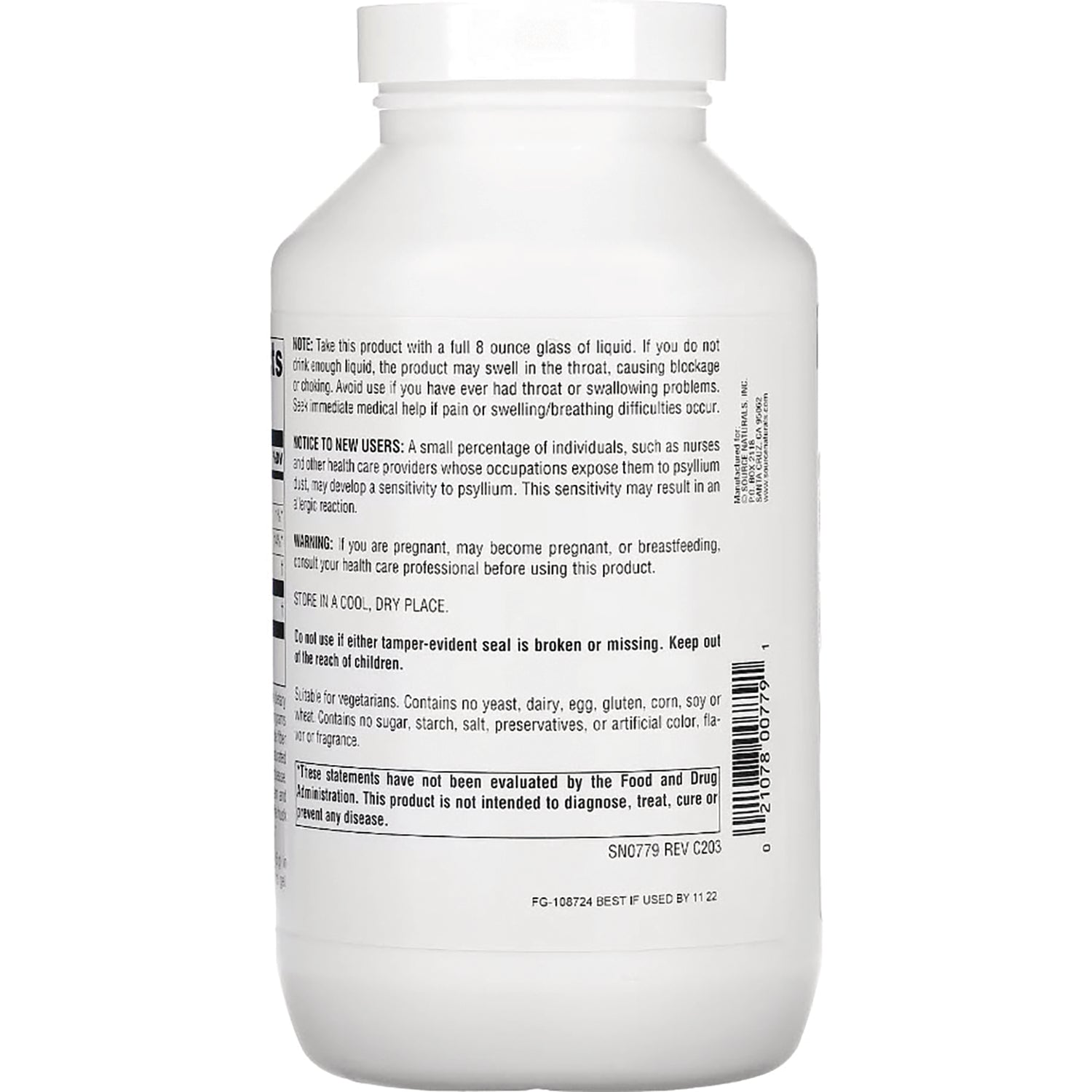 SN398 | Back label of white dietary supplement bottle showing directions, warnings, and ingredient information