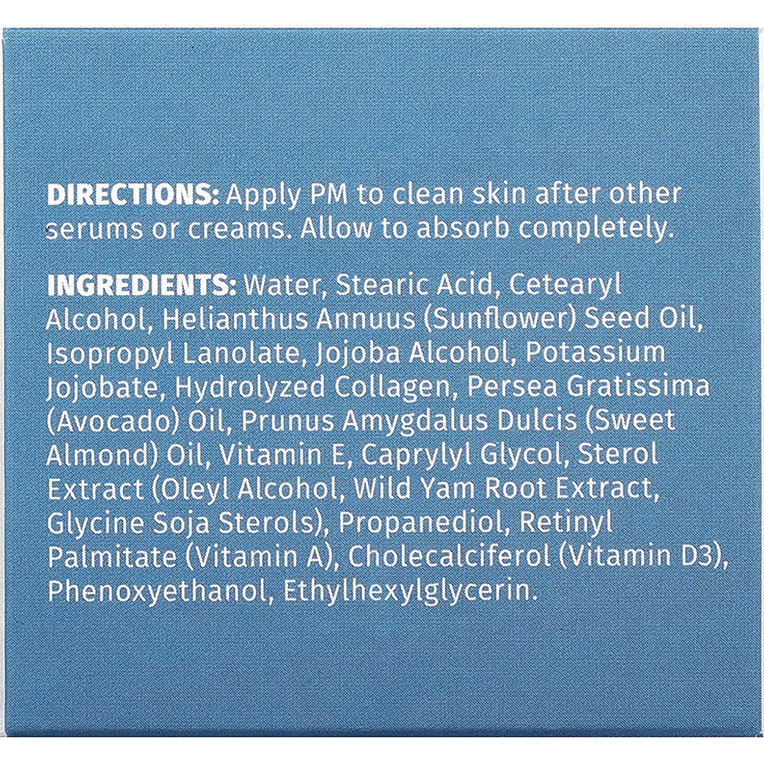 RV029 | back panel showing DIRECTIONS: Apply PM to clean skin after other serums or creams and full ingredients list