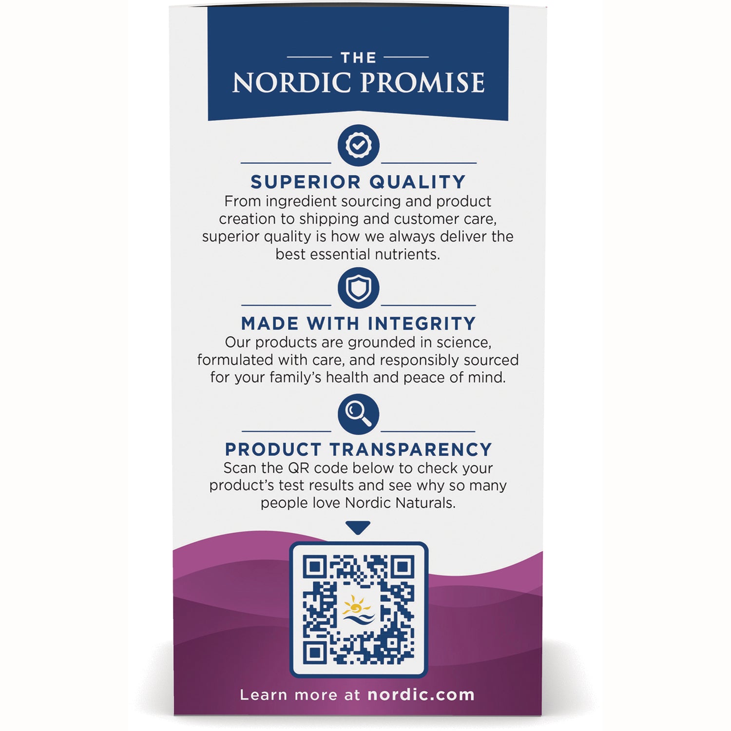 NRN136 | product infographic titled The Nordic Promise with quality, integrity, transparency text and a QR code