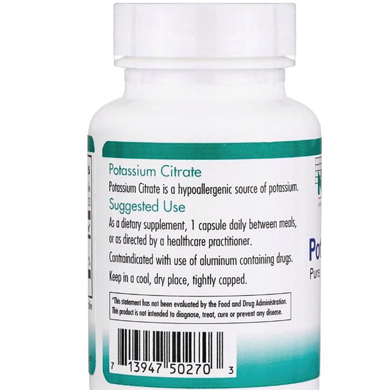 NCL059 | Back label of potassium citrate bottle showing suggested use, warnings, and barcode