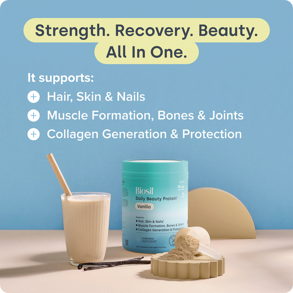 NFC222 | Biosil Daily Beauty Protein vanilla tub with scoop, smoothie, and support benefits - Thumbnail