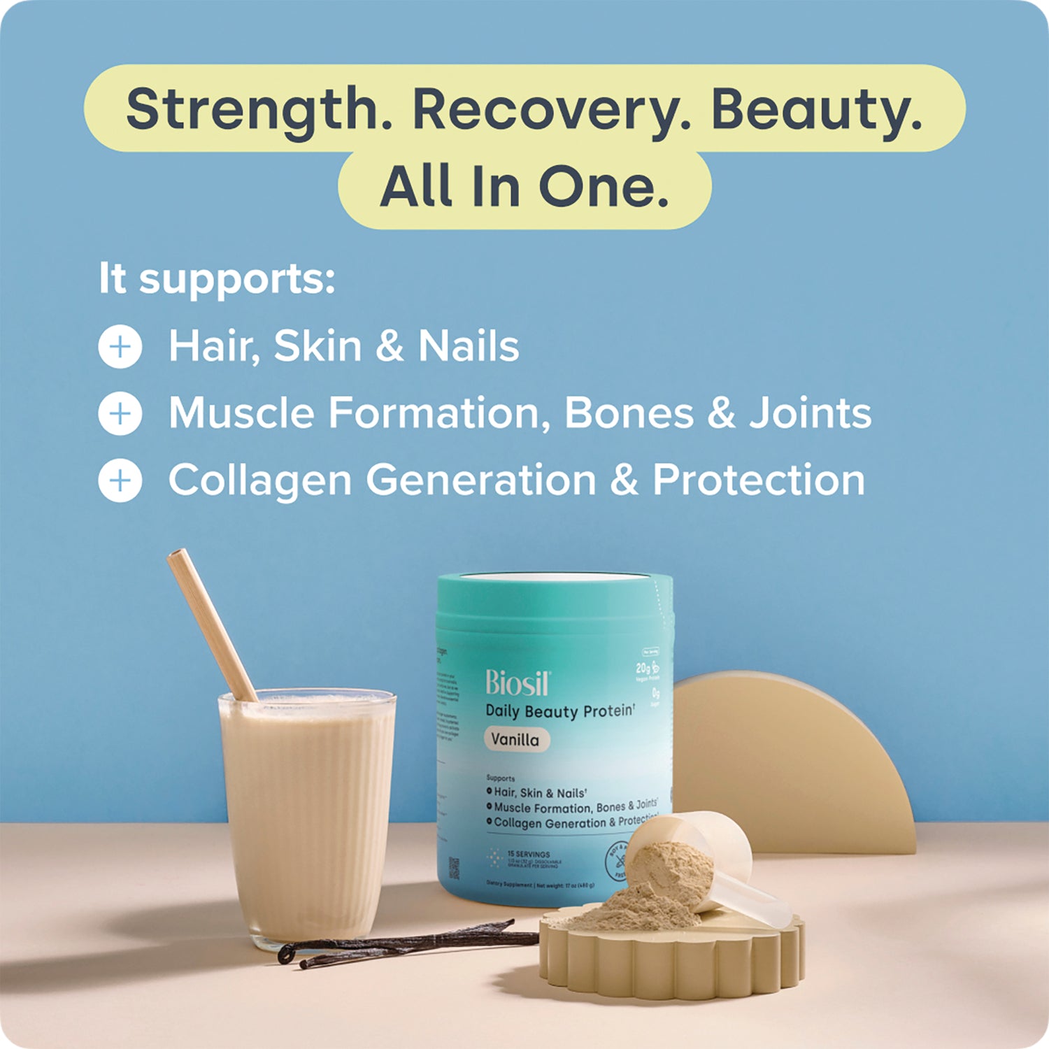NFC222 | Biosil Daily Beauty Protein vanilla tub with scoop, smoothie, and support benefits