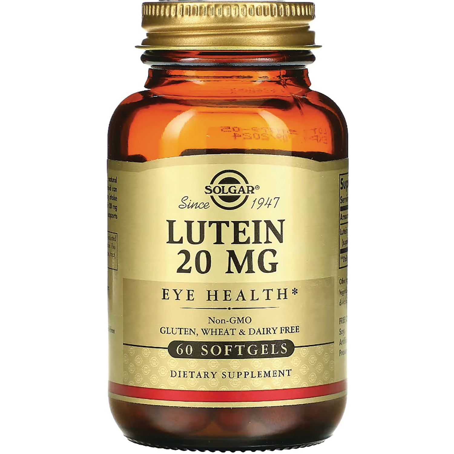 SLG291 | amber bottle of Solgar LUTEIN 20 MG dietary supplement, 60 softgels label