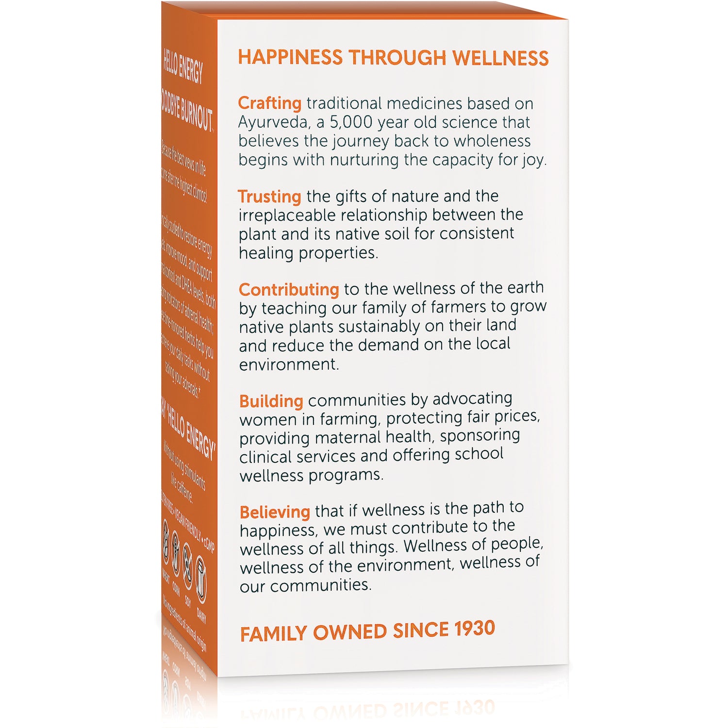 HHH058 | product infographic panel titled HAPPINESS THROUGH WELLNESS listing Crafting, Trusting, Contributing, Building, Believing and FAMILY OWNED SINCE 1930