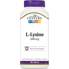 CNT289 | 21st Century L-Lysine 1000 mg white bottle, 90 tablets, skin & tissue support