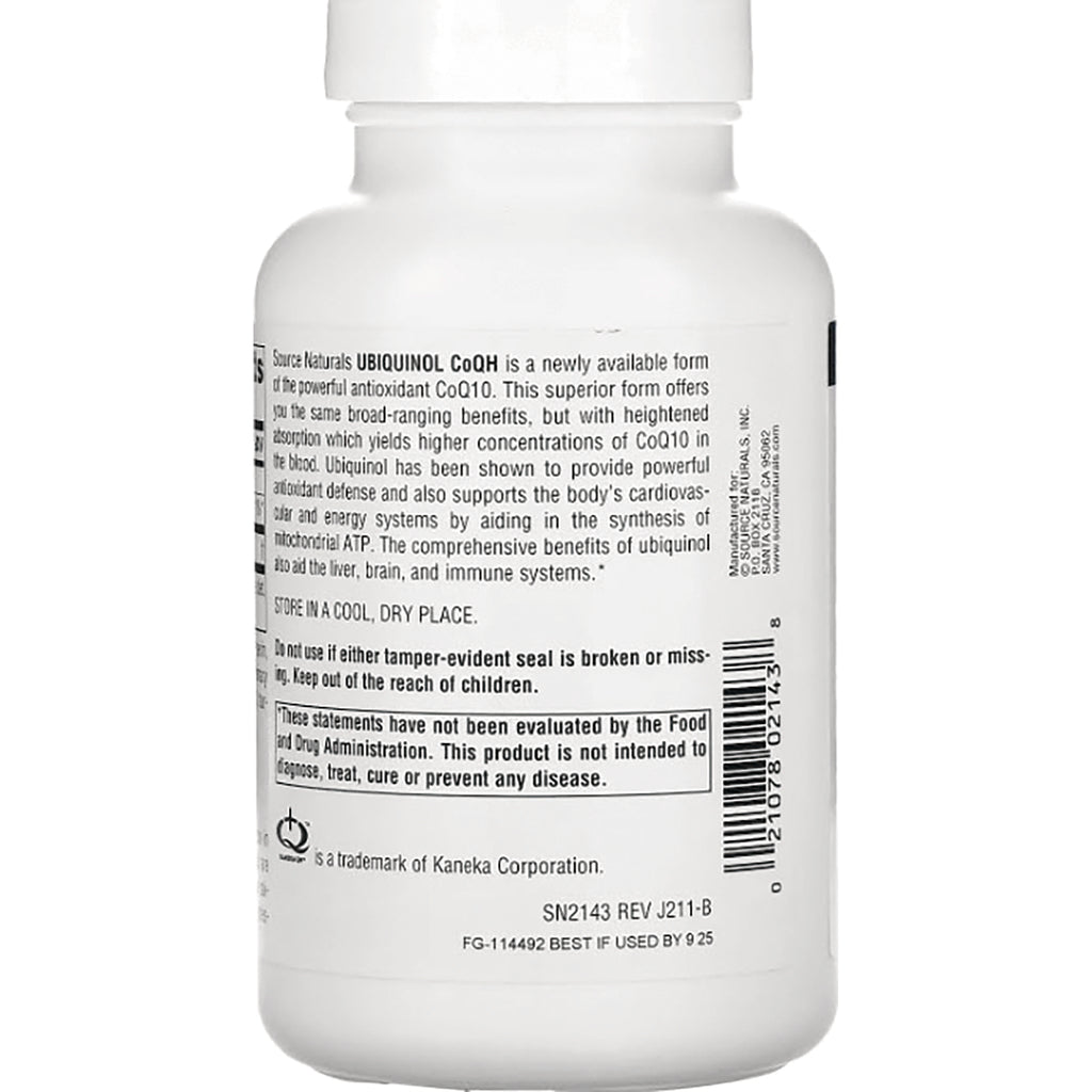 SN449 | Back label of Source Naturals Ubiquinol CoQH supplement bottle with warnings and barcode - Thumbnail