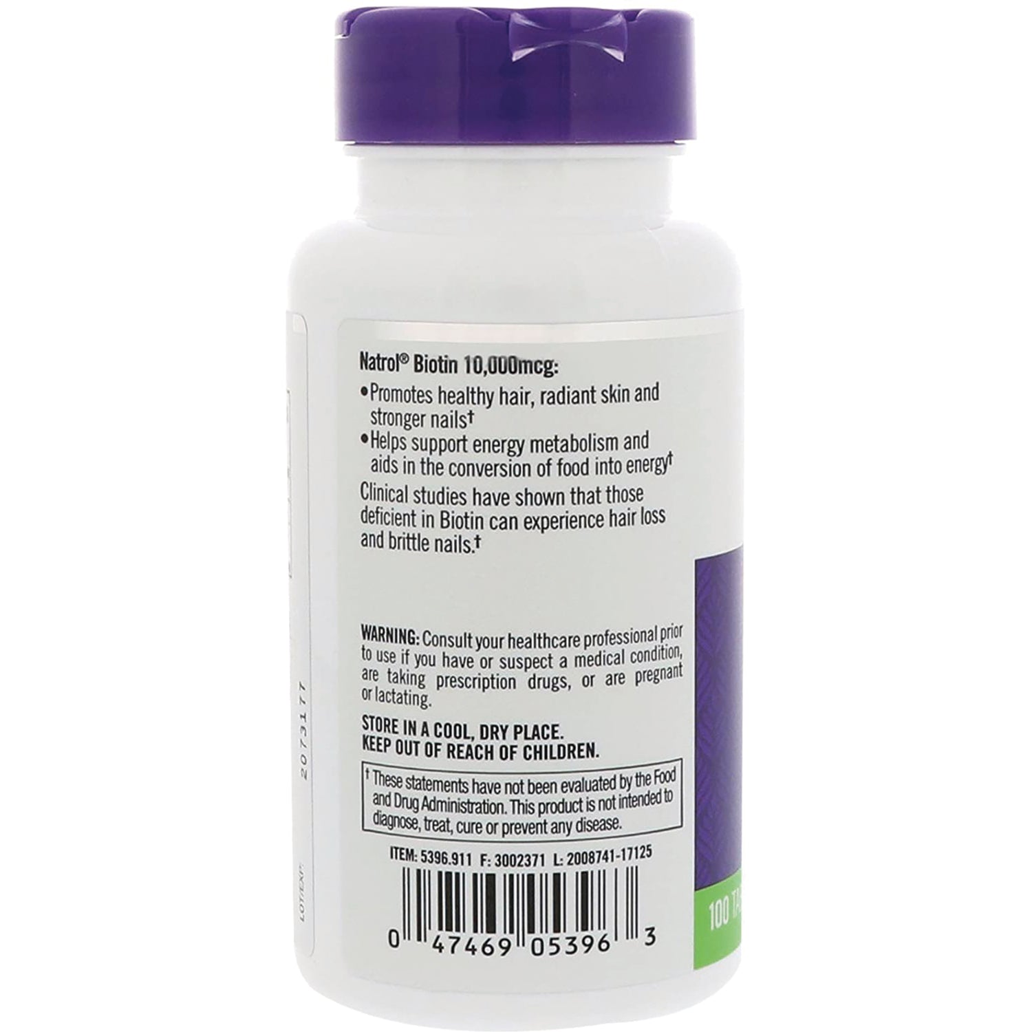 NA503 | Back of white supplement bottle with purple cap showing Natrol Biotin 10,000mcg label, warnings and barcode