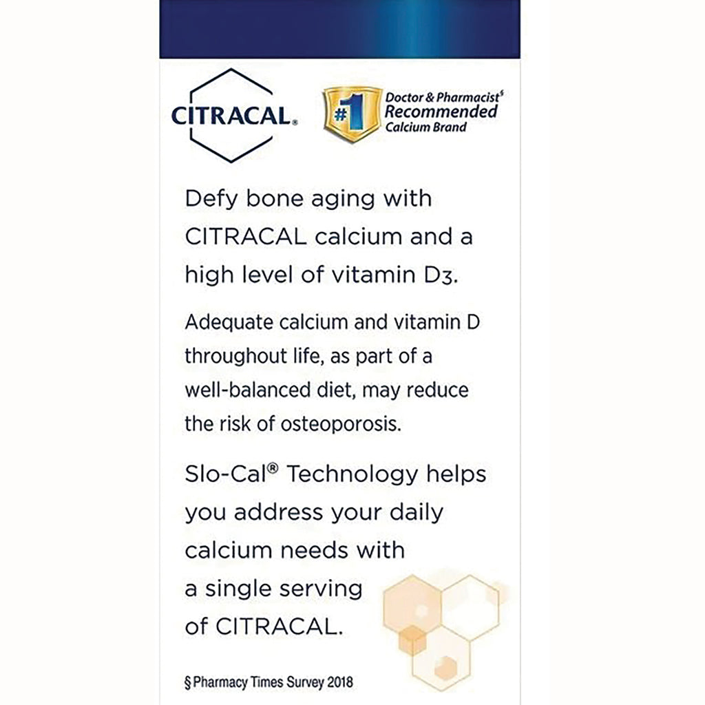 CCL004 | back panel of Citracal listing calcium and vitamin D3 benefits, Slo-Cal technology, and osteoporosis risk reduction - Thumbnail
