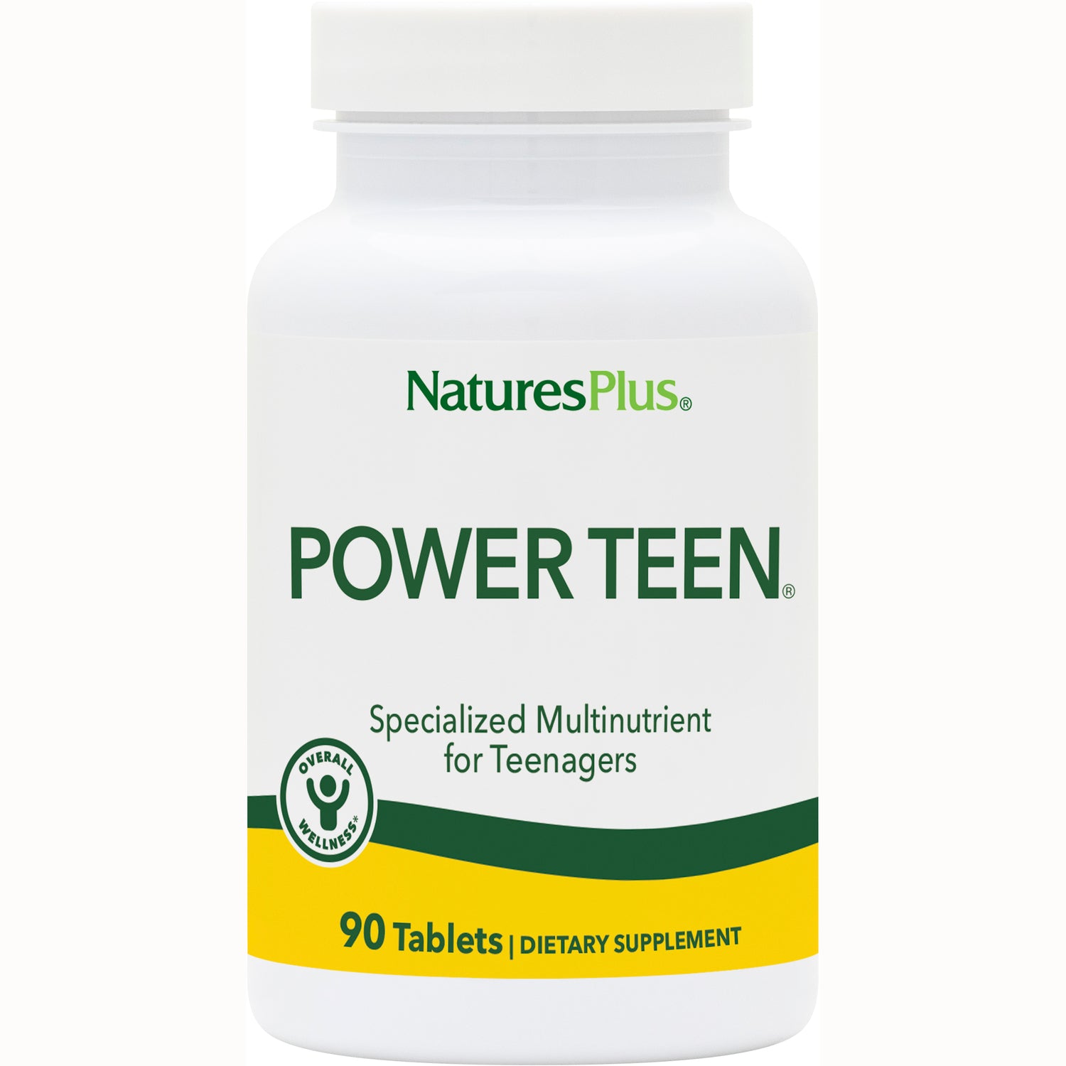 NTP036 | NaturesPlus POWER TEEN multivitamin bottle, 90 tablets, white bottle with green and yellow label
