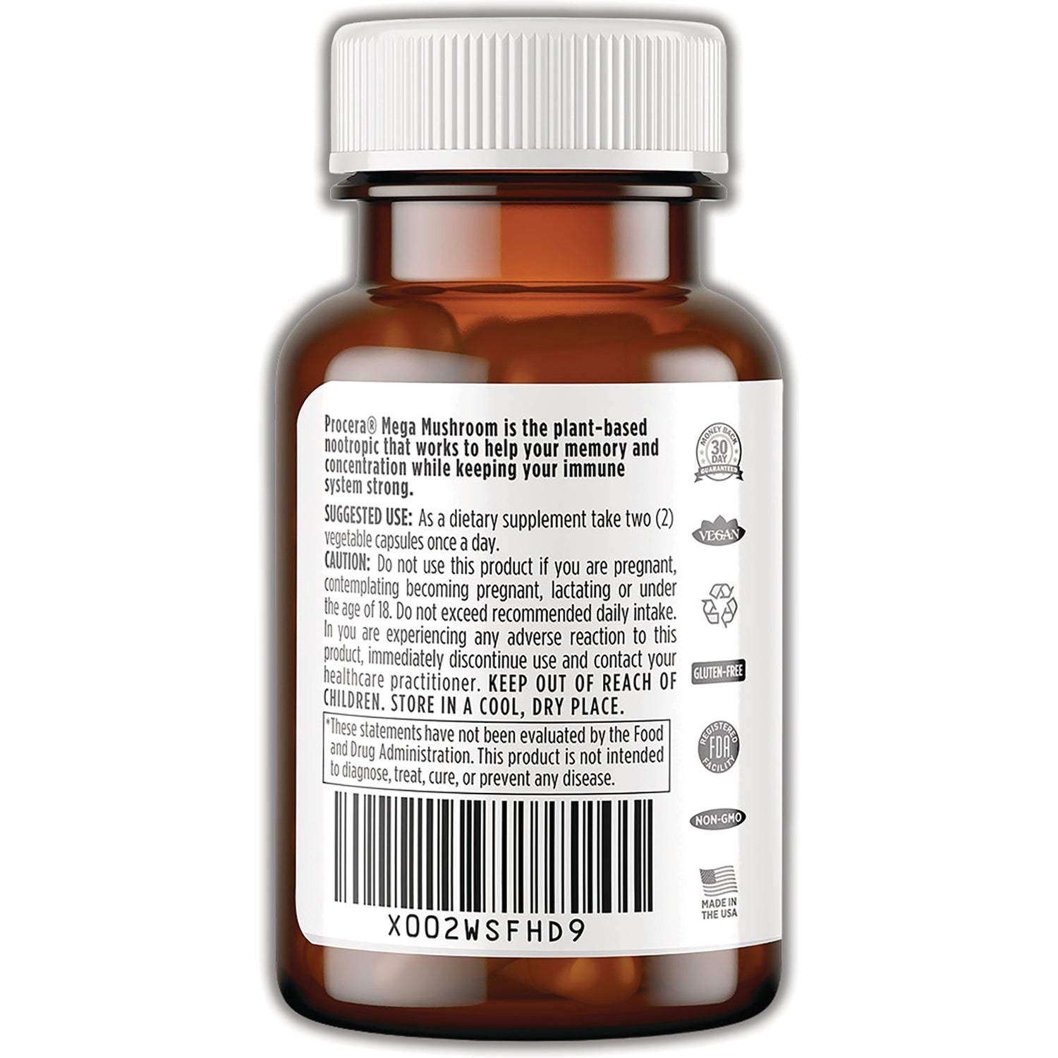 PRC009 | Back of amber supplement bottle showing label with suggested use, cautions, icons and barcode