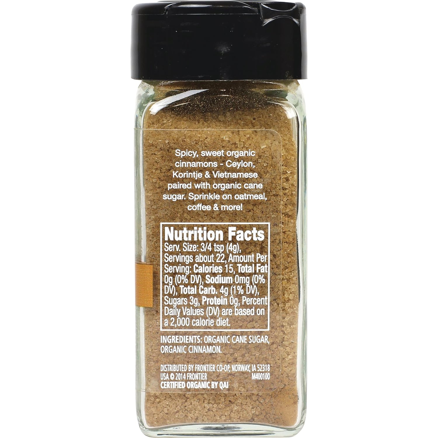 SMP051 | Back of glass spice jar showing Nutrition Facts panel and ingredients organic cane sugar and organic cinnamon