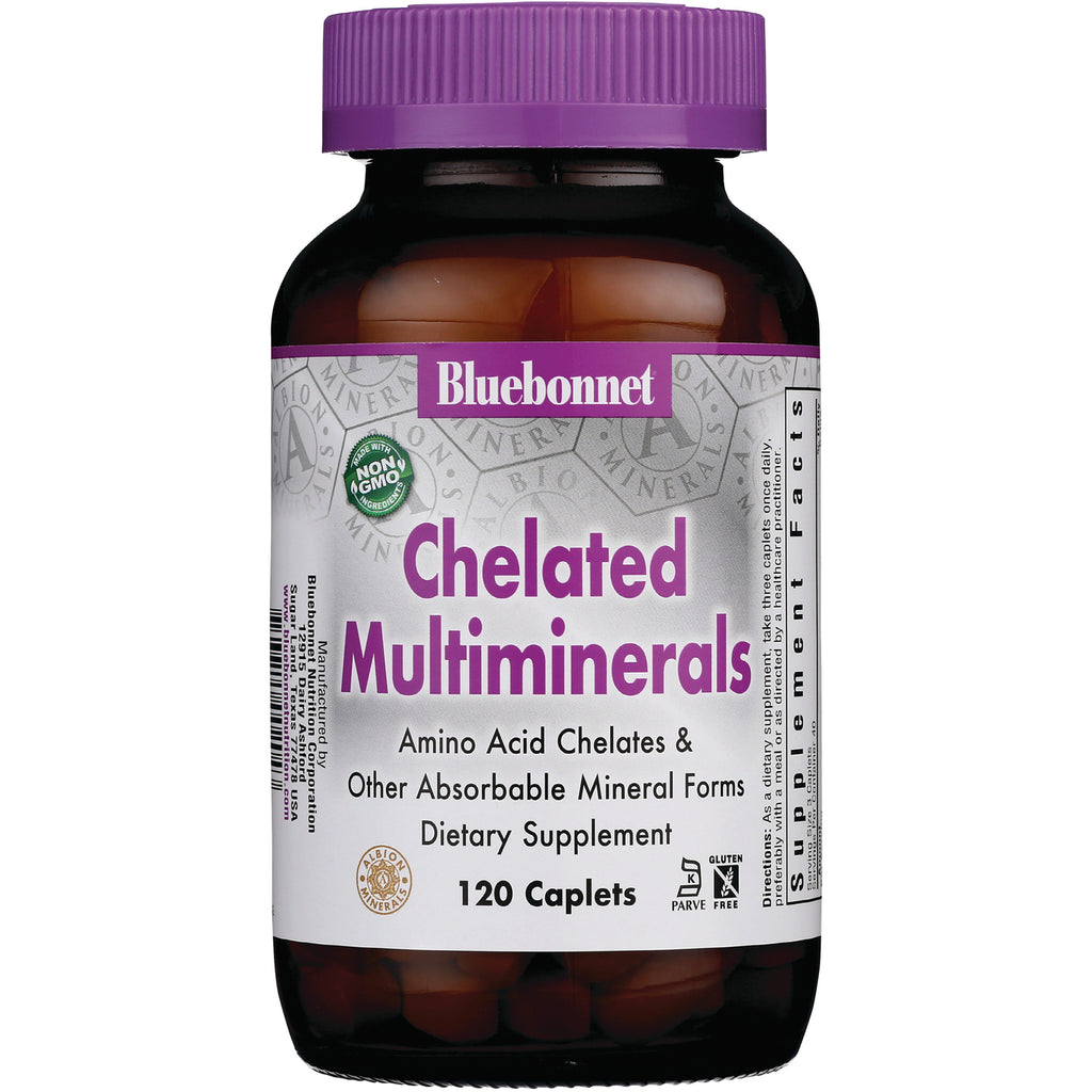 BLU080 | Bluebonnet Chelated Multiminerals dietary supplement bottle, 120 caplets, purple cap - Thumbnail