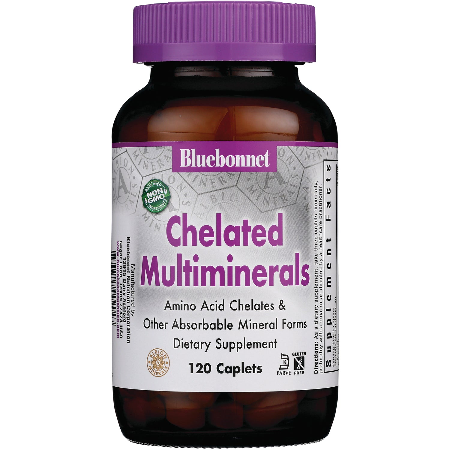 BLU080 | Bluebonnet Chelated Multiminerals dietary supplement bottle, 120 caplets, purple cap